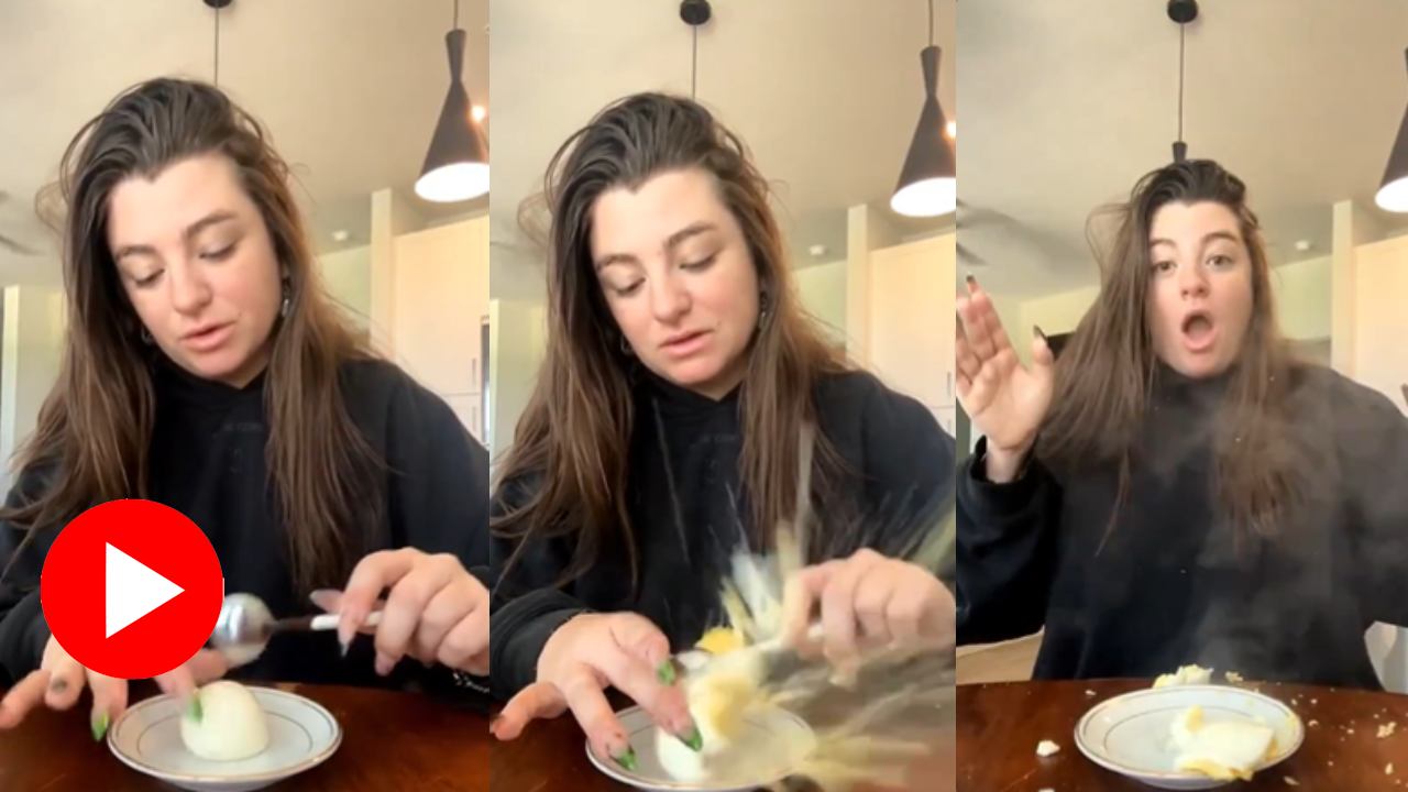 Video shows boiled egg made in microwave explode as soon as woman try to cut it with spoon
