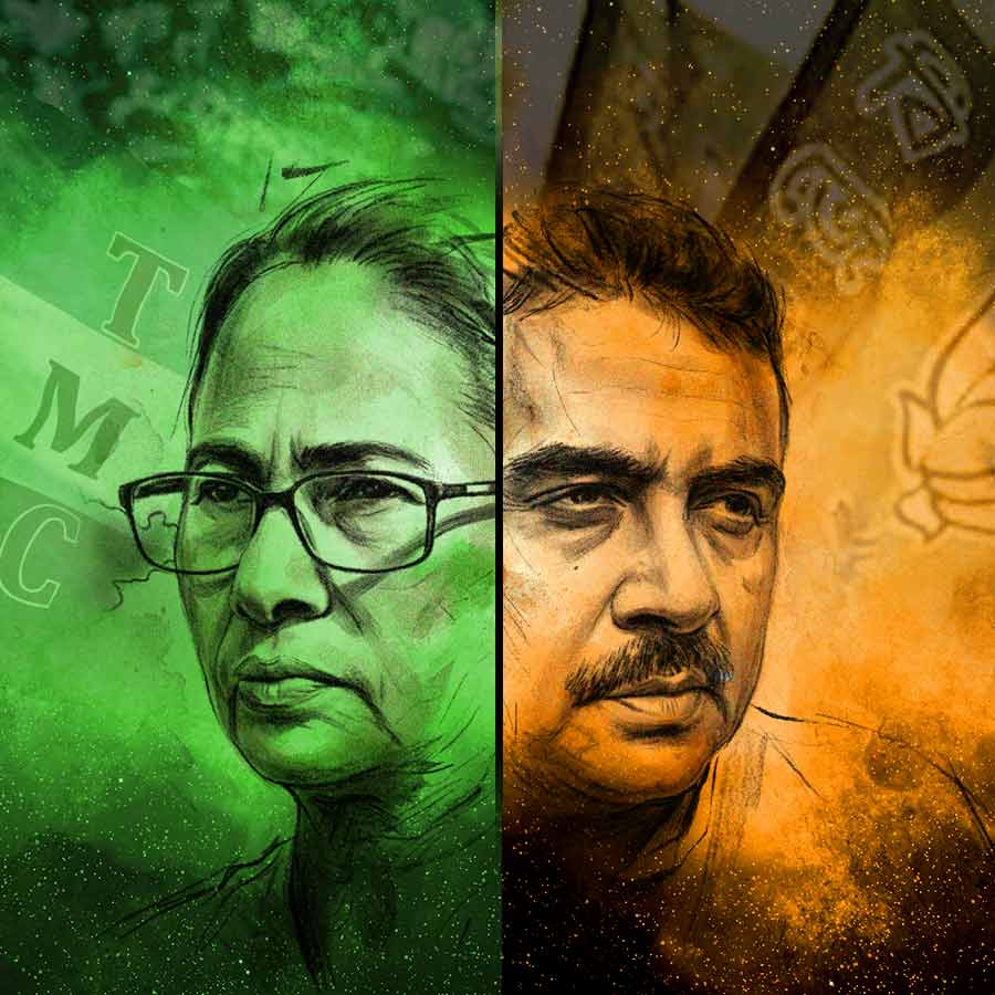বিধানসভা নির্বাচনে যুযুধান (বাঁ দিকে) মমতা বন্দ্যোপাধ্যায় এবং শুভেন্দু অধিকারী (ডান দিকে)।