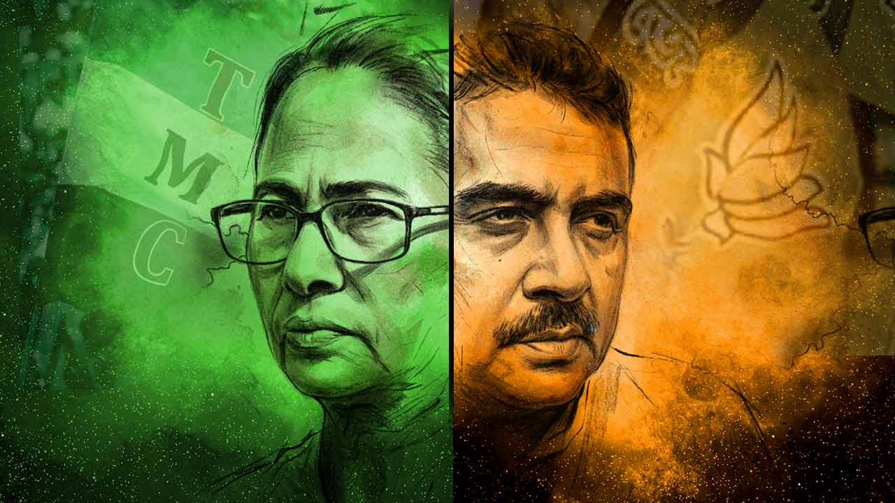 বিধানসভা নির্বাচনে যুযুধান (বাঁ দিকে) মমতা বন্দ্যোপাধ্যায় এবং শুভেন্দু অধিকারী (ডান দিকে)।