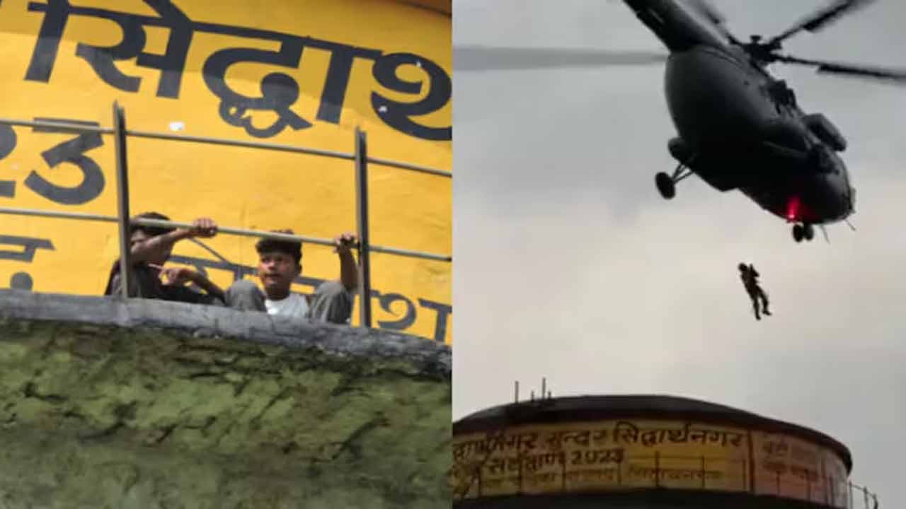 (বাঁ দিকে) ট্যাঙ্কের মাথায় আটকে পড়া দুই যুবক। (জান দিকে) বায়ুসেনার কপ্টারে করে উদ্ধার করা হচ্ছে দু’জনকে। ছবি: সংগৃহীত।