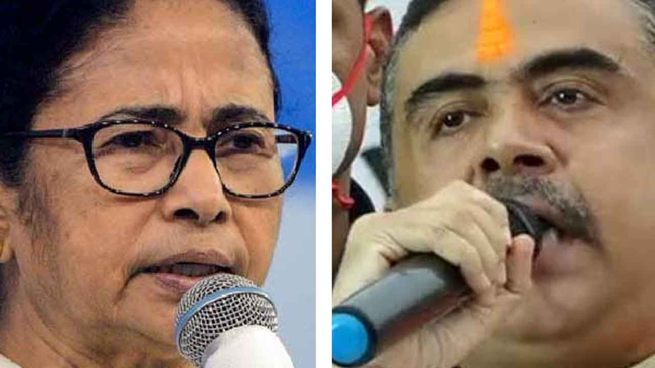 (বাঁ দিকে) মমতা বন্দ্যোপাধ্যায়। শুভেন্দু অধিকারী (ডান দিকে)।