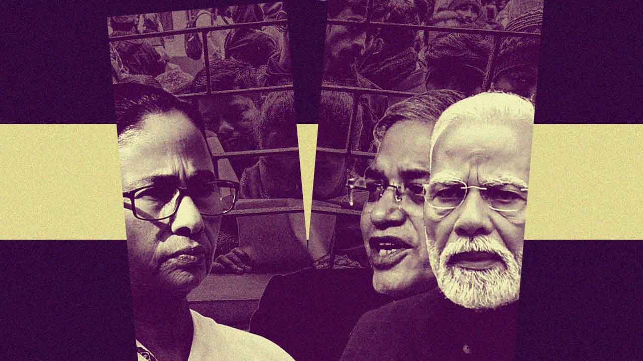(বাঁ দিকে) মমতা বন্দ্যোপাধ্যায়। জ্ঞানেশ কুমার এবং নরেন্দ্র মোদী (ডান দিকে)।