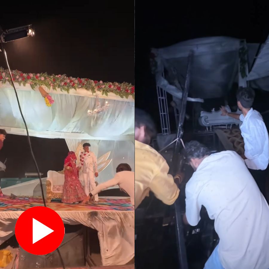 Video shows marriage stage blown away in storm while garland ceremony