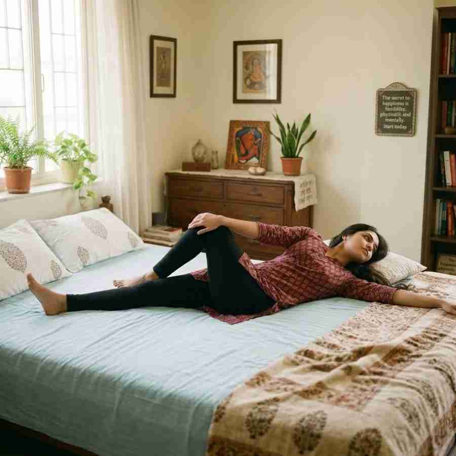 Starting your day with a few gentle yoga poses while still in bed can make mornings more comfortable