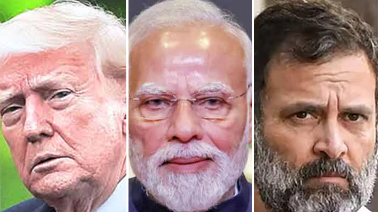 (বাঁ দিক থেকে) ডোনাল্ড ট্রাম্প, নরেন্দ্র মোদী এবং রাহুল গান্ধী।