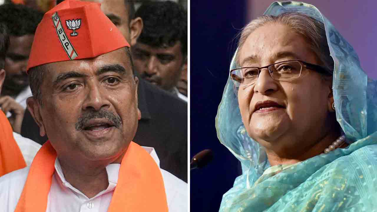 (বাঁ দিকে) শুভেন্দু অধিকারী, শেখ হাসিনা (ডান দিকে)।