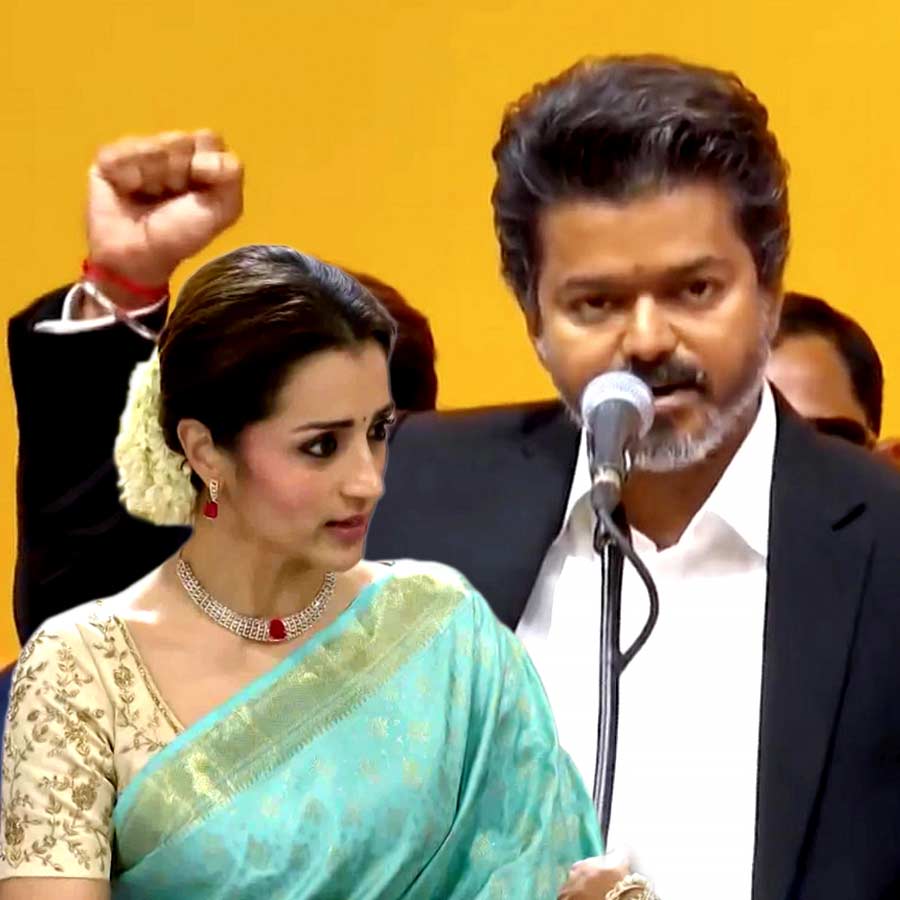 Trisha Krishnan stuns in ice-blue Kanjeevaram and jasmine flowers at Vijay's oath dgtl