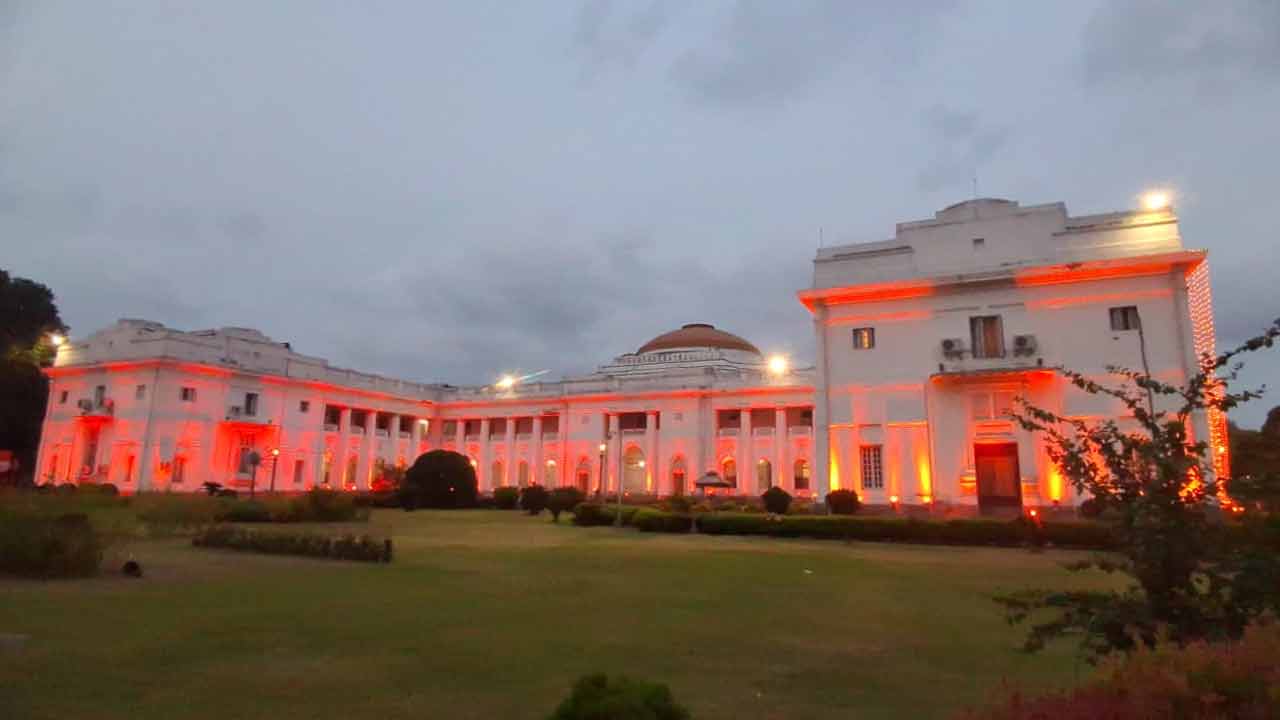 Instead of blue and white lights, West Bengal Legislative Assembly building is decorated with saffron colored lights