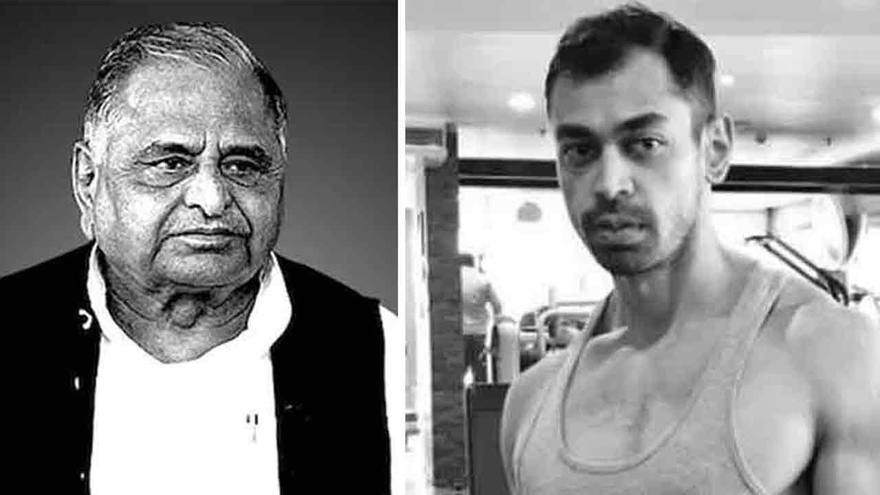 (বাঁ দিকে) মুলায়ম সিংহ যাদব এবং তাঁর কনিষ্ঠ পুত্র প্রতীক যাদব (ডান দিকে)।