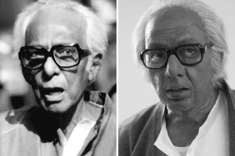 মৃণাল সেন (বাঁ দিকে), পরিচালকের চরিত্রে চঞ্চল চৌধুরী (ডান দিকে)