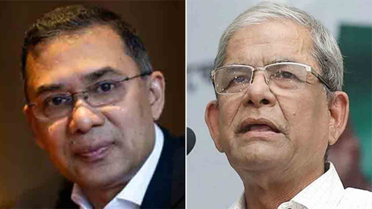 (বাঁ দিকে) তারেক রহমান এবং মির্জা ফখরুল ইসলাম আলমগীর (ডান দিকে)।
