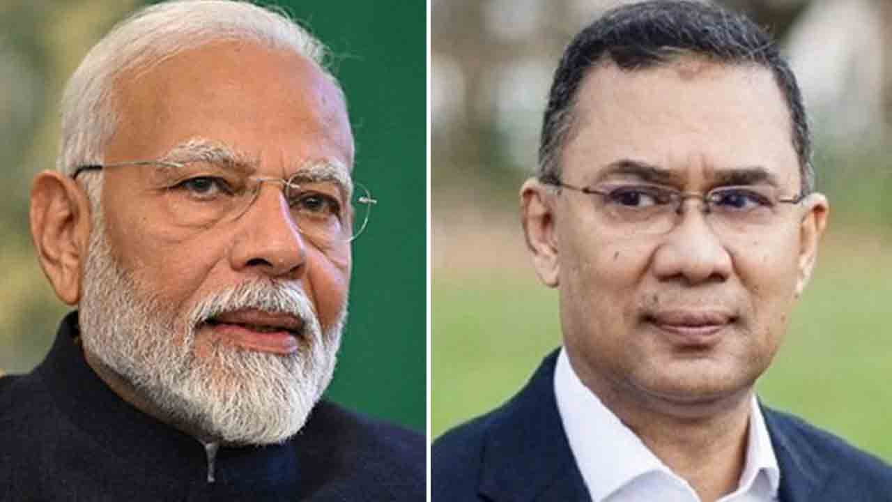 (বাঁ দিকে) ভারতের প্রধানমন্ত্রী নরেন্দ্র মোদী। বাংলাদেশের প্রধানমন্ত্রী তারেক রহমান (ডান দিকে)।