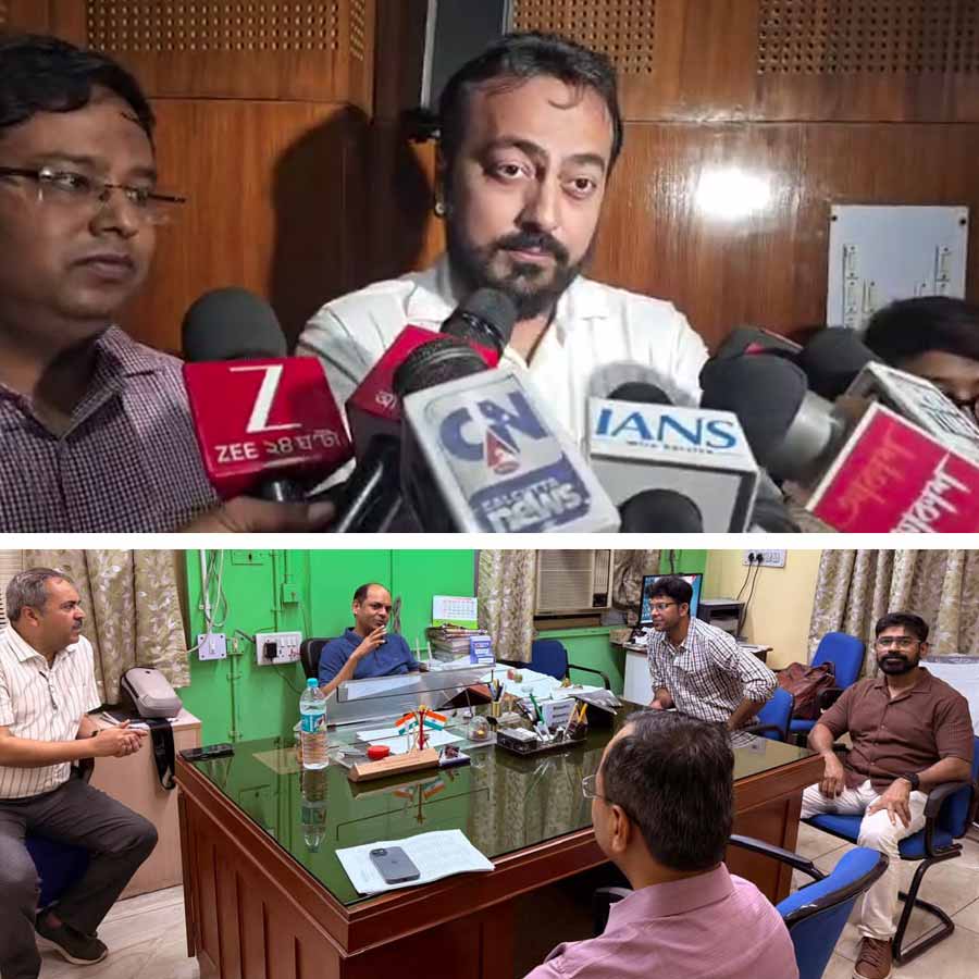 (উপরে) বেহালার বিদ্যাসাগর স্টেট জেনারেল হাসপাতালে বিজেপি বিধায়ক ইন্দ্রনীল খাঁ। আরজি কর হাসপাতালে স্বাস্থ্যসচিব নারায়ণস্বরূপ নিগম (নীচে)।