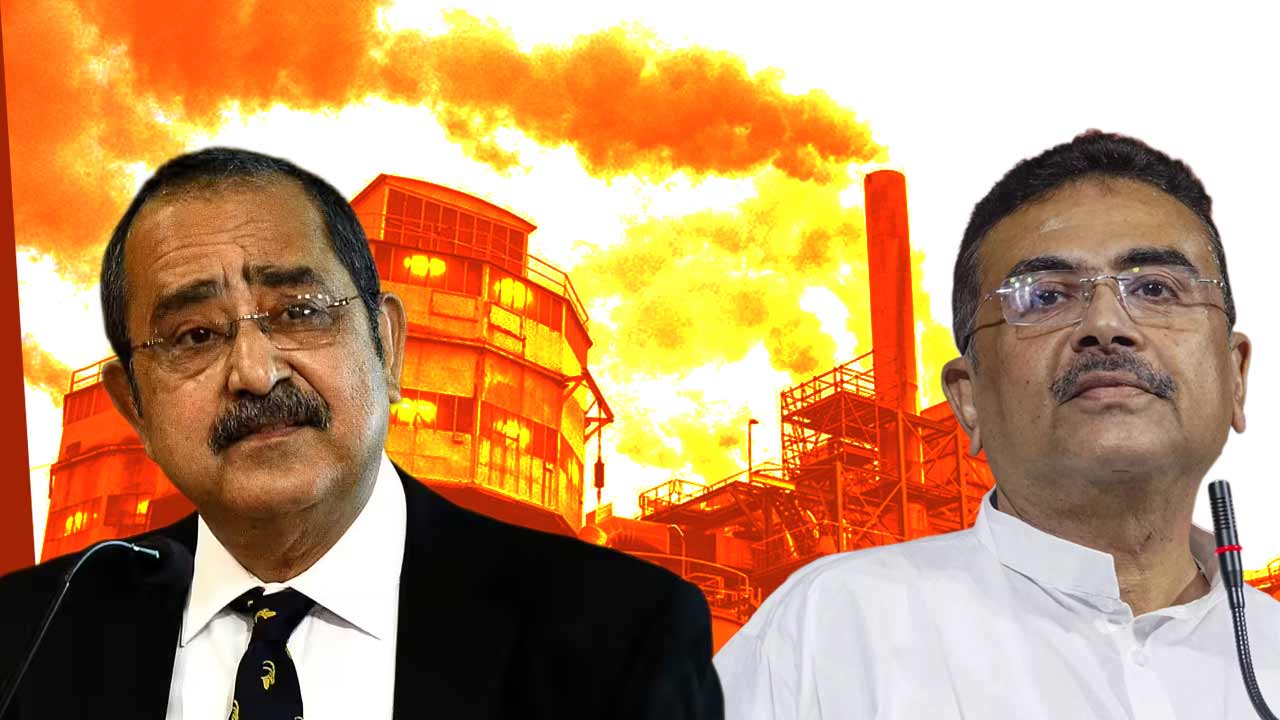 (বাঁ দিকে) নীতি আয়োগের উপাধ্যক্ষ অশোক লাহিড়ি। পশ্চিমবঙ্গের মুখ্যমন্ত্রী শুভেন্দু অধিকারী (ডান দিকে)।