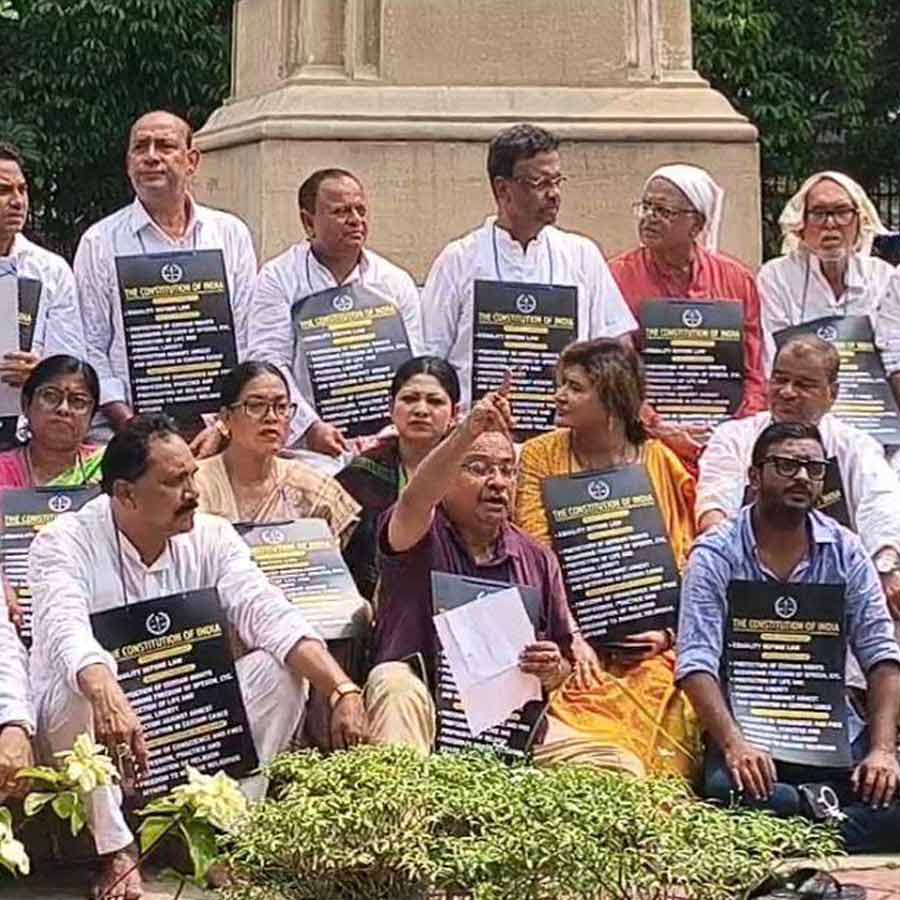 বুধবার বিধানসভা চত্বরে অম্বেডকর মূর্তির পাদদেশে তৃণমূল বিধায়কদের অবস্থান বিক্ষোভ।