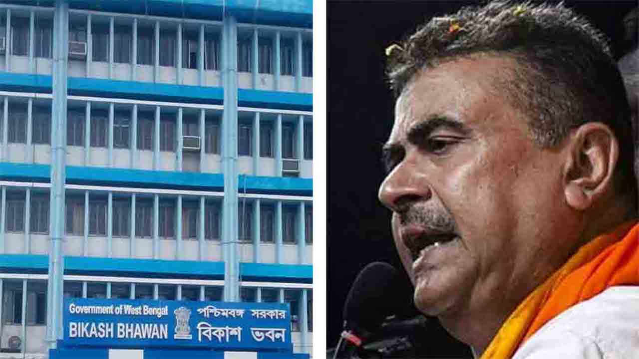 (বাঁ দিকে) বিকাশ ভবন এবং শুভেন্দু অধিকারী (ডান দিকে)।