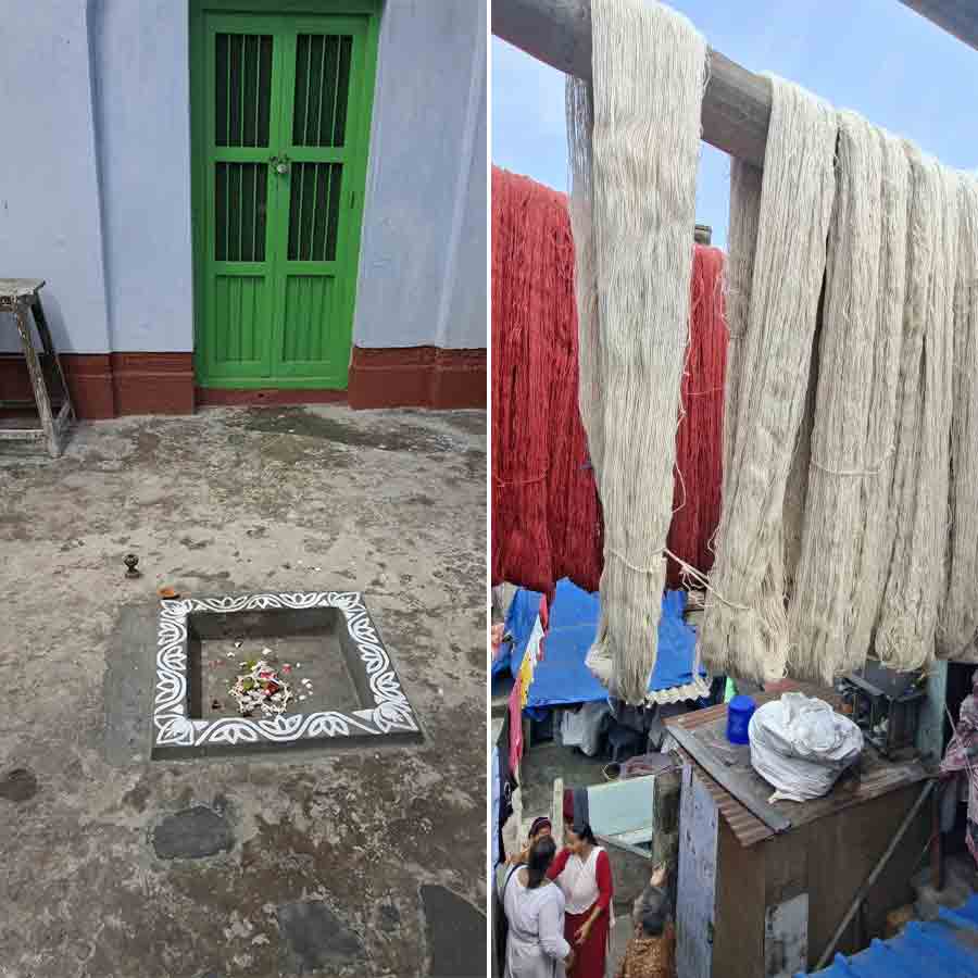 ঐতিহ্য: বৌবাজারের ধরবাড়ির ঠাকুরদালানে শ্রীরামকৃষ্ণের পদচিহ্ন। ডান দিকে, রংরেজ় পল্লিতে তৈরি হচ্ছে রথের দড়ি