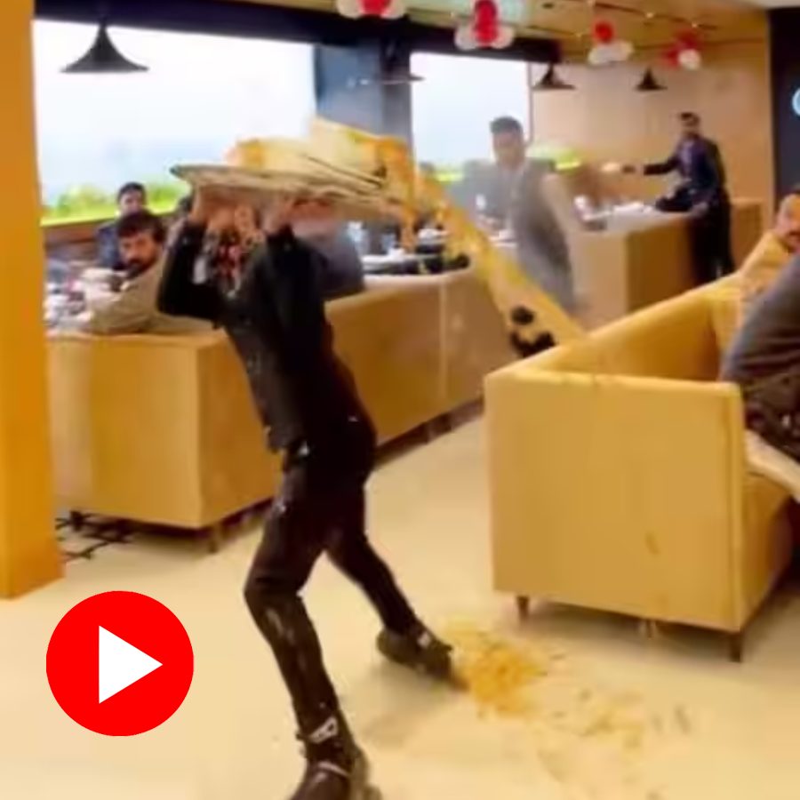 Video shows waiter serving food in a restaurant while skating, lost his balance and fall