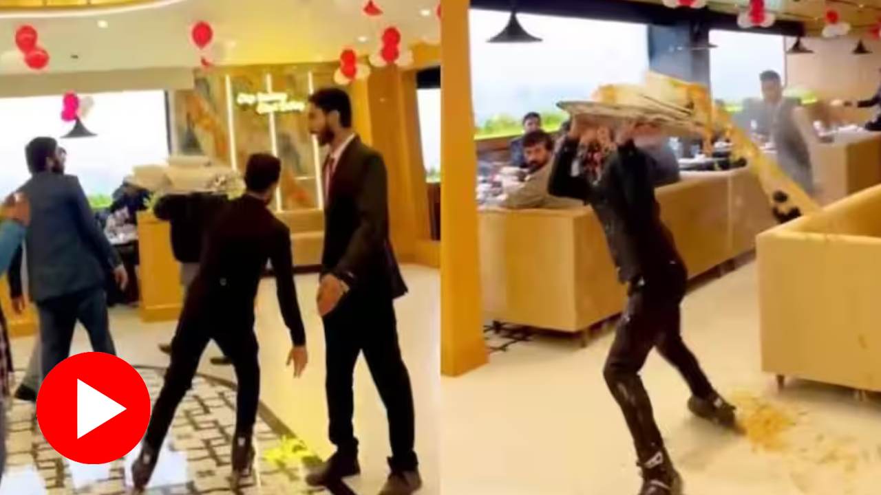 Video shows waiter serving food in a restaurant while skating, lost his balance and fall