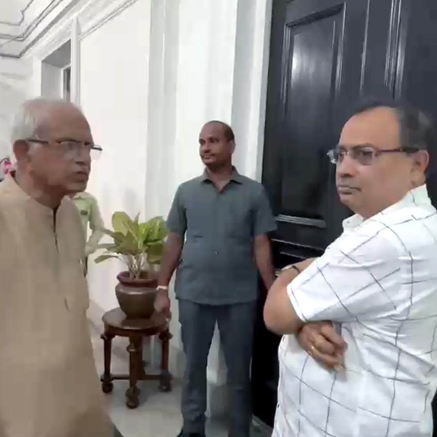 TMC MLAs Shobhandev Chatterjee and Kunal Ghosh protest in front of the Speaker’s room in West Bengal Assembly building