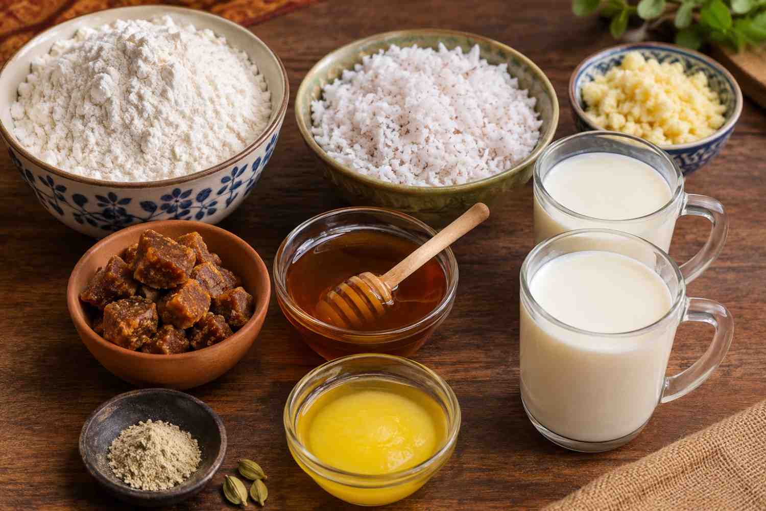 নিয়ে নিন চার কাপ ময়দা, ২ কাপ নারকেল কোরা, ৬০ গ্রাম খোয়া ক্ষীর। দুধ নিন দুই কাপ, সঙ্গে এক টেবিল চামচ এলাচ গুঁড়ো, এক কাপ পাটালি গুড়, মধু এক কাপ, সাদা তেল বা ঘি প্রয়োজন মতো।