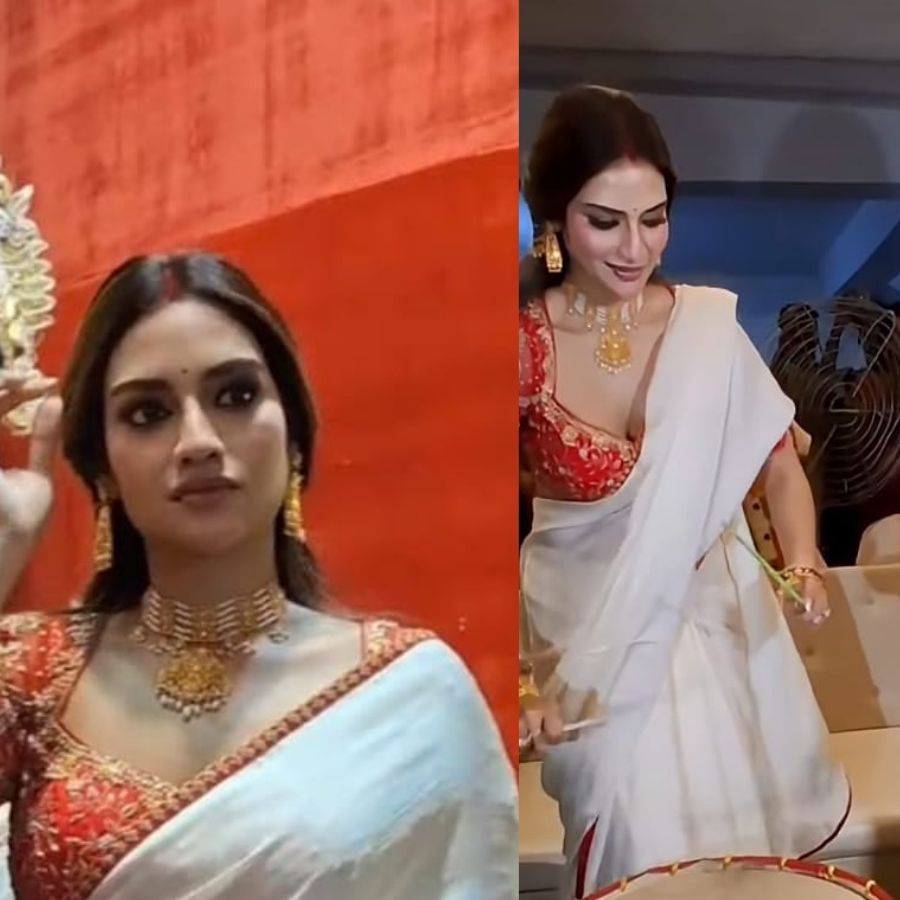 ঢাক বাজালেন, দেবী দুর্গাকে বরণ করলেন এবং অন্য অভিনেত্রীদের মতোই মেতে উঠলেন শারদ আনন্দে। 
