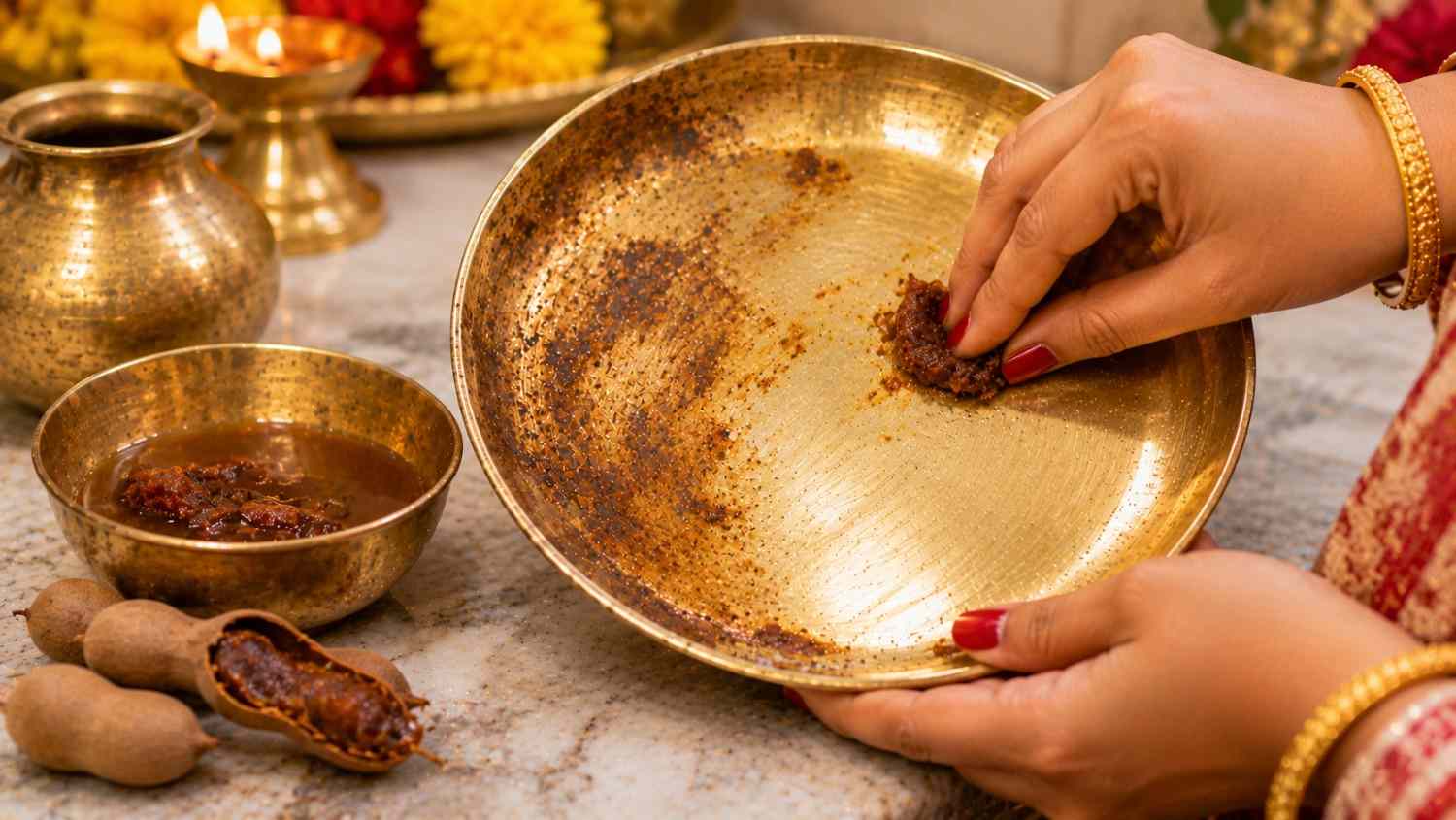 জলে অল্প তেঁতুল ভিজিয়ে রাখুন। তেঁতুল নরম হয়ে গেলে তাঁর নির্যাস বার করে নিয়ে তা দিয়ে বাসন পরিস্কার করুন। নির্যাস বার করার পর যে শুকনো অংশ বেঁচে থাকে তা দিয়ে ঘষে দাগ তুলতে পারেন। এরপর কিছুক্ষণ রেখে জল দিয়ে ধুয়ে, শুকনো কাপড় দিয়ে মুছে নিন। 