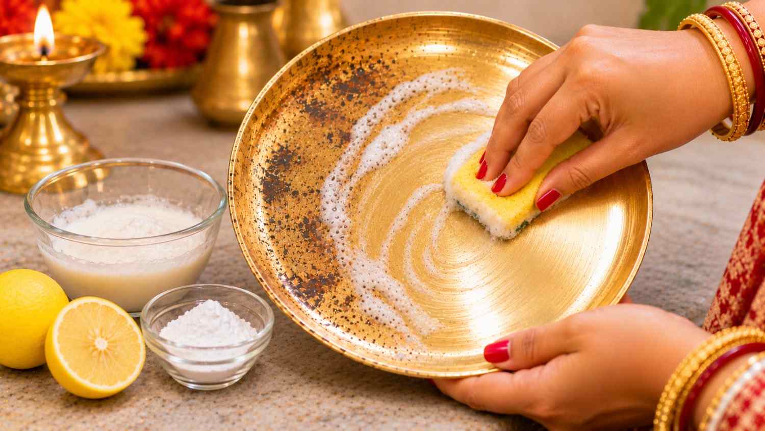 এই ক্ষেত্রেও মিশ্রণটি বাসনের গায়ে ৫ মিনিট রেখে জল দিয়ে ধুয়ে, শুকনো কাপড় দিয়ে মুছে নিন। 