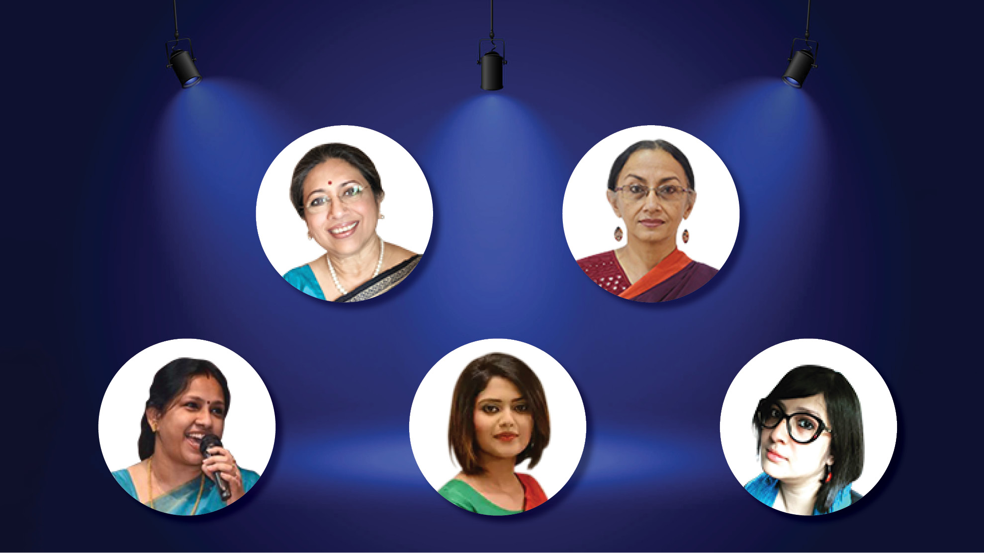 (First row, from left) Tanusree Shankar and Urmimala Sarkar Munsi. (Second row, from left) Manoshi Roy Chowdhury, Saayoni Ghosh and Piya Chakraborty (moderator).