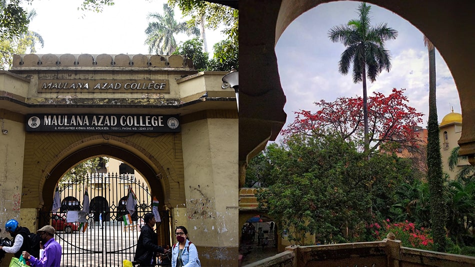 (From left) The college gate. The balcony at Maulana Azad College is a popular spot. Source: Saswata Banerjee 