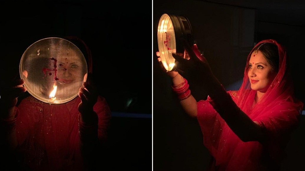 চালুনির ফাঁক দিয়ে প্রদীপের নরম আলোয় চাঁদ দেখার সময়টাকে ইনস্টাগ্রামে ধরে রাখলেন পূজা বন্দ্যোপাধ্যায়ও। সে আলোয় তাঁর লাল শাড়িও উঠল ঝিলমিলিয়ে।