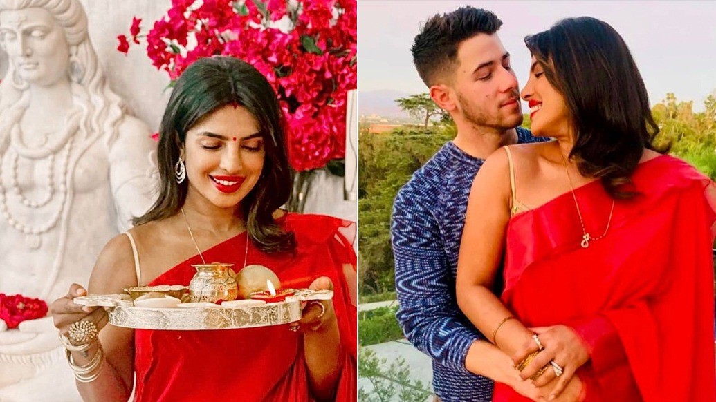 টকটকে লাল শাড়ি আর স্ট্র্যাপি ব্লাউজে মোহময়ী প্রিয়াঙ্কা চোপড়ার করবা চৌথ উদযাপন দেখা গেল ইনস্টাগ্রামেই। স্বামী নিক-এর সঙ্গেও ছিল মাখো-মাখো প্রেমের মুহূর্ত।