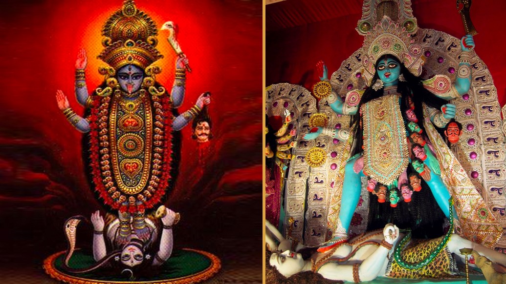 দক্ষিণাকালী- কালো রূপে দিগম্বরী শ্যামা মা, এই কালীকেই বলছেন রামপ্রসাদ। দক্ষিণাকালীই কালীর সর্বাপেক্ষা প্রসিদ্ধ মূর্তি। দক্ষিণাকালী করালবদনা, ঘোরা, মুক্তকেশী, চতুর্ভূজা এবং মুণ্ডমালাবিভূষিতা। অর্থাৎ খোলা চুলের এই দেবীর গলায় মুণ্ডমালার হার।