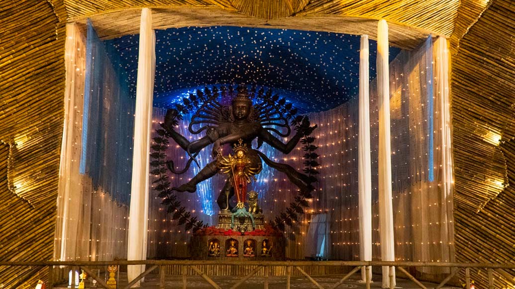 চেতলা অগ্রণীর থিমে এ বছরের চলমান দুঃসময়। মণ্ডপ উড়ন্ত বাজপাখির আদলে।