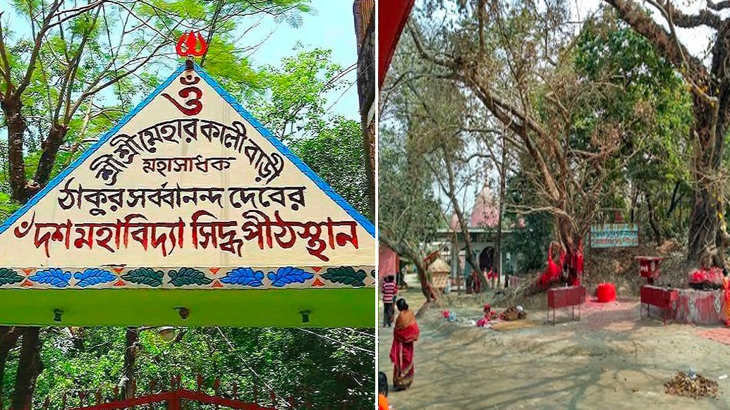 সর্বানন্দ ও তাঁর সহচর পূর্ণানন্দের সাধনার পীঠস্থানই হল মেহার কালীবাড়ি। অতীতে এখানে কোনও মূর্তি ছিল না। পরে প্রতিষ্ঠা করা হয় কষ্টিপাথরের দশমহাবিদ্যা মূর্তি।
