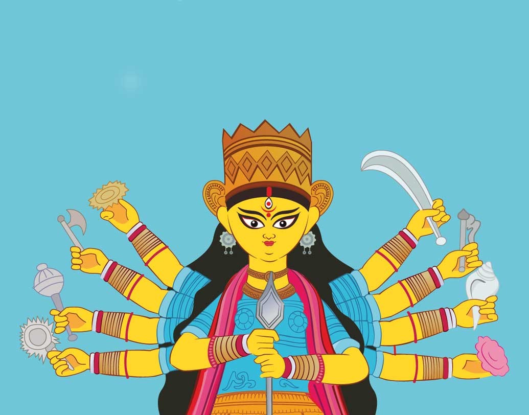 এরপর দেবতারা নিজেদের অস্ত্রাদি এবং নানাবিধ অলঙ্কার দ্বারা দেবীকে সুসজ্জিত করেন। মহিষাসুরকে বধ করার জন্য তিনি দশভূজা রূপ ধারণ করেছিলেন। আর এই দশ হাতের জন্য দেবতাগণ তাঁদের নিজ নিজ অস্ত্র প্রদান করেছিলেন। কে কোন অস্ত্র প্রদান করেছিলেন?