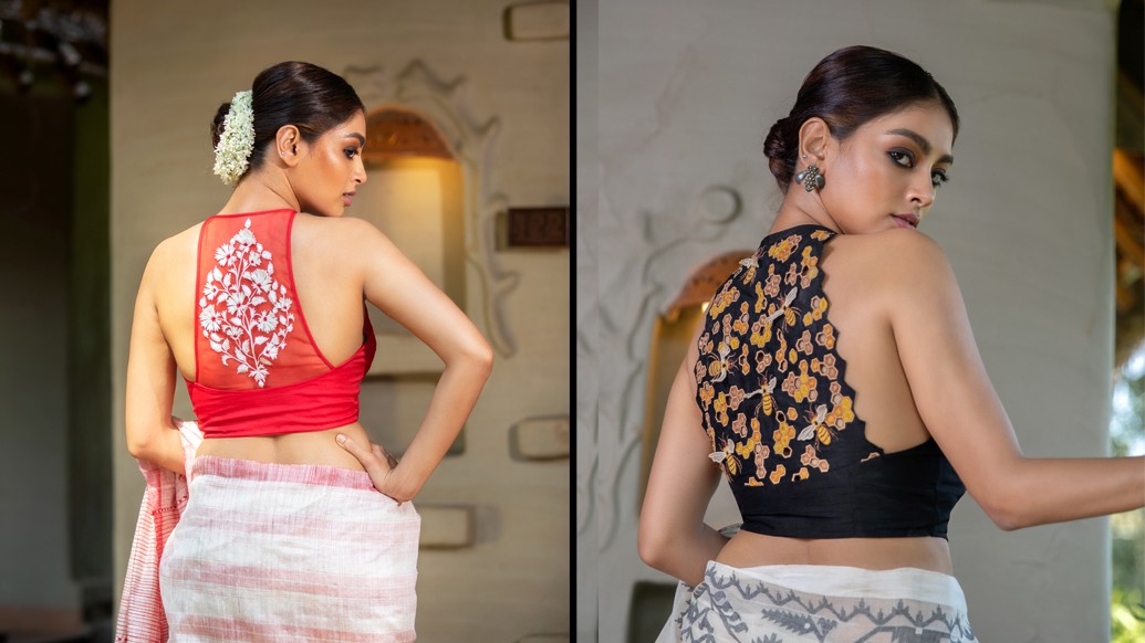 ব্যাকলেস ব্লাউজ। ডিপ প্লাঞ্জিং নেকলাইন। প্যাডেড ব্লাউজে সামনের দিকটায় হুক, পিছনের দিকে দড়ির বাঁধন। এর, ওর, তার অবাধ্য নজর চলে যাবেই এ দিক-সেদিক! আটকাতে পারবেন না। ইচ্ছেও নেই নিশ্চয়ই?