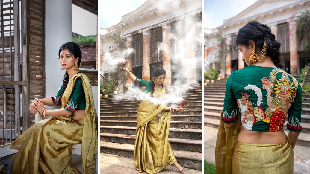 কেমন হবে যদি আস্ত পুজোটাই উঠে আসে ব্লাউজের গায়ে কিংবা শাড়ির আঁচলে? ঠাকুর দেখতে বেরিয়ে পুজোর খুঁটিনাটি যদি দেখা হয়ে যায় তাতেই? কিংবা ব্লাউজের কাট যদি হয় গহীনে ডুব দেওয়া, অসীম সাহসী? সাজ যদি হয় এমন গল্প-বলা, শারদীয়ার দিনগুলোয় নজর কাড়ছেন কিন্তু আপনিই!