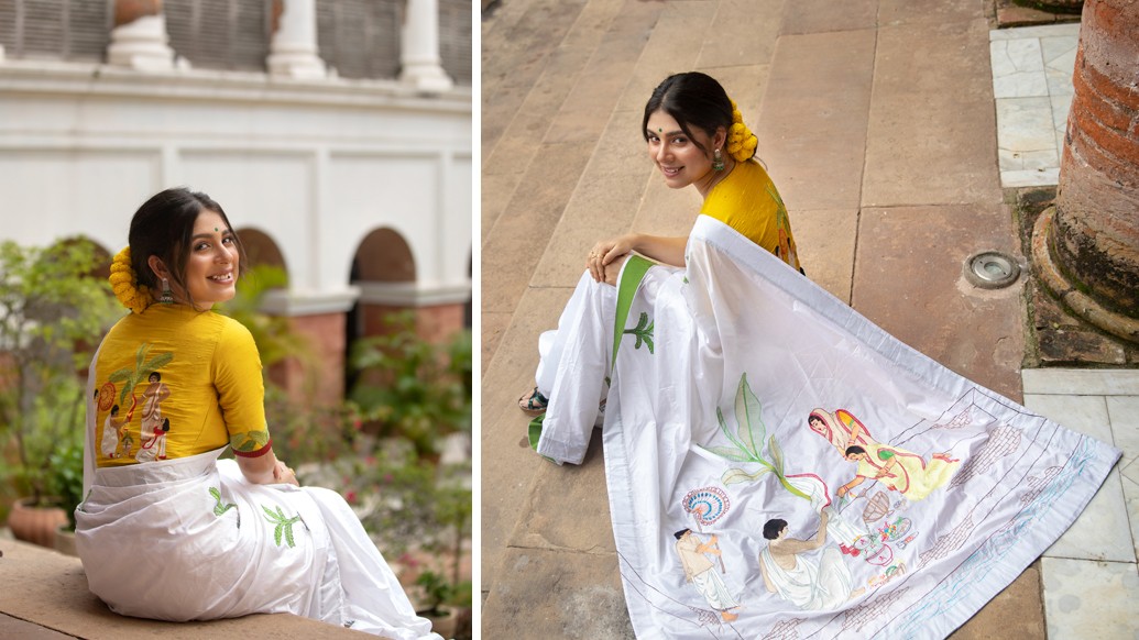 ঢাকের বাদ্যি, শঙ্খধ্বনিতে, উদাত্ত মন্ত্রোচ্চারণে সপ্তমীর ভোরে মায়ের প্রাণ প্রতিষ্ঠার পালা। তার পরেই কলাবৌ যায় স্নানে। লালপেড়ে শাড়িতে নদীর জলে স্নান সেরে ফিরে আসে মণ্ডপে। সপ্তমীর উজ্জ্বল হলুদ ব্লাউজের সঙ্গে শ্বেতশুভ্র শাড়ির শুদ্ধ সাজে যদি থাকে সেই স্নানের গল্প?