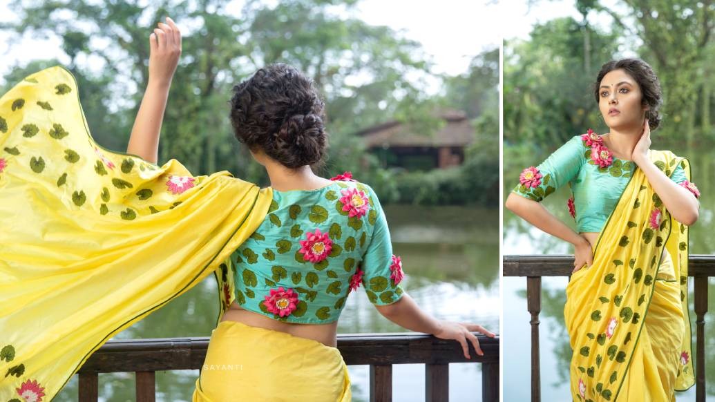 নবমীর সন্ধ্যারতি। ঢাক আর কাঁসরের তালে জমে যাবে ধুনুচি নাচ। ঝলমলে লাগুক সোনালি শাড়িতে। গাঢ় সবুজ ব্লাউজে ফুটে থাক কাশের গুচ্ছ। তাতেই সেজে উঠে যে ঢাক বেঁধে দেয় নাচের ছন্দ!