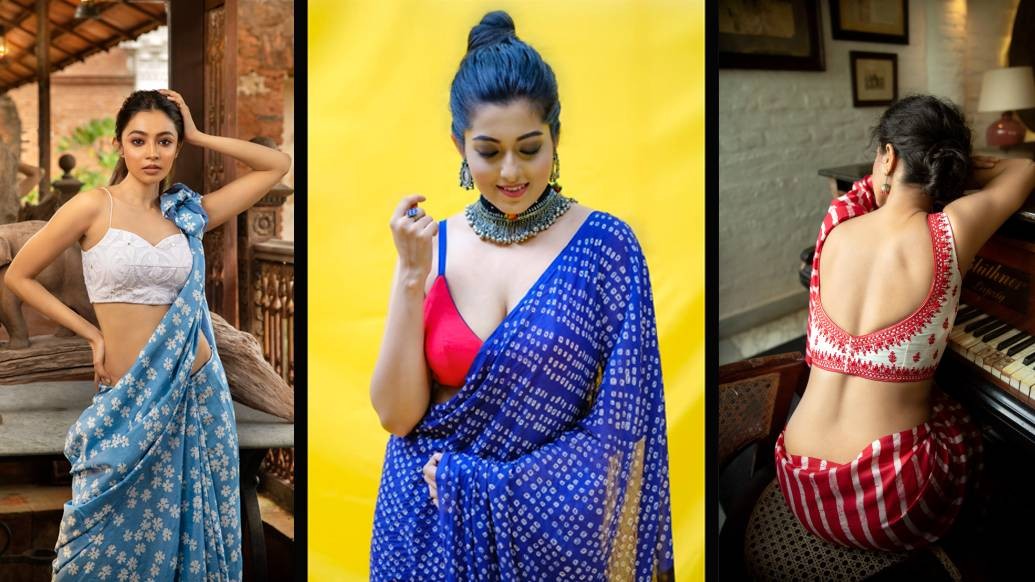 আর ব্লাউজে যদি এক্কেবারে অন্য রকম গল্প বলতে ইচ্ছে করে? সাহসী ডিজাইনে, গভীর কাটে হয়ে উঠতে ইচ্ছে করে লাস্যময়ী কন্যে? আছে, আছে, সে সুযোগও আছে। ভরা যৌবনের ইশারায়, শরীরী উঁকিঝুঁকিতে মোহময়ী হয়ে ওঠার হদিস মিলল ডিজাইনার অনুশ্রী মলহোত্রর কাছে।