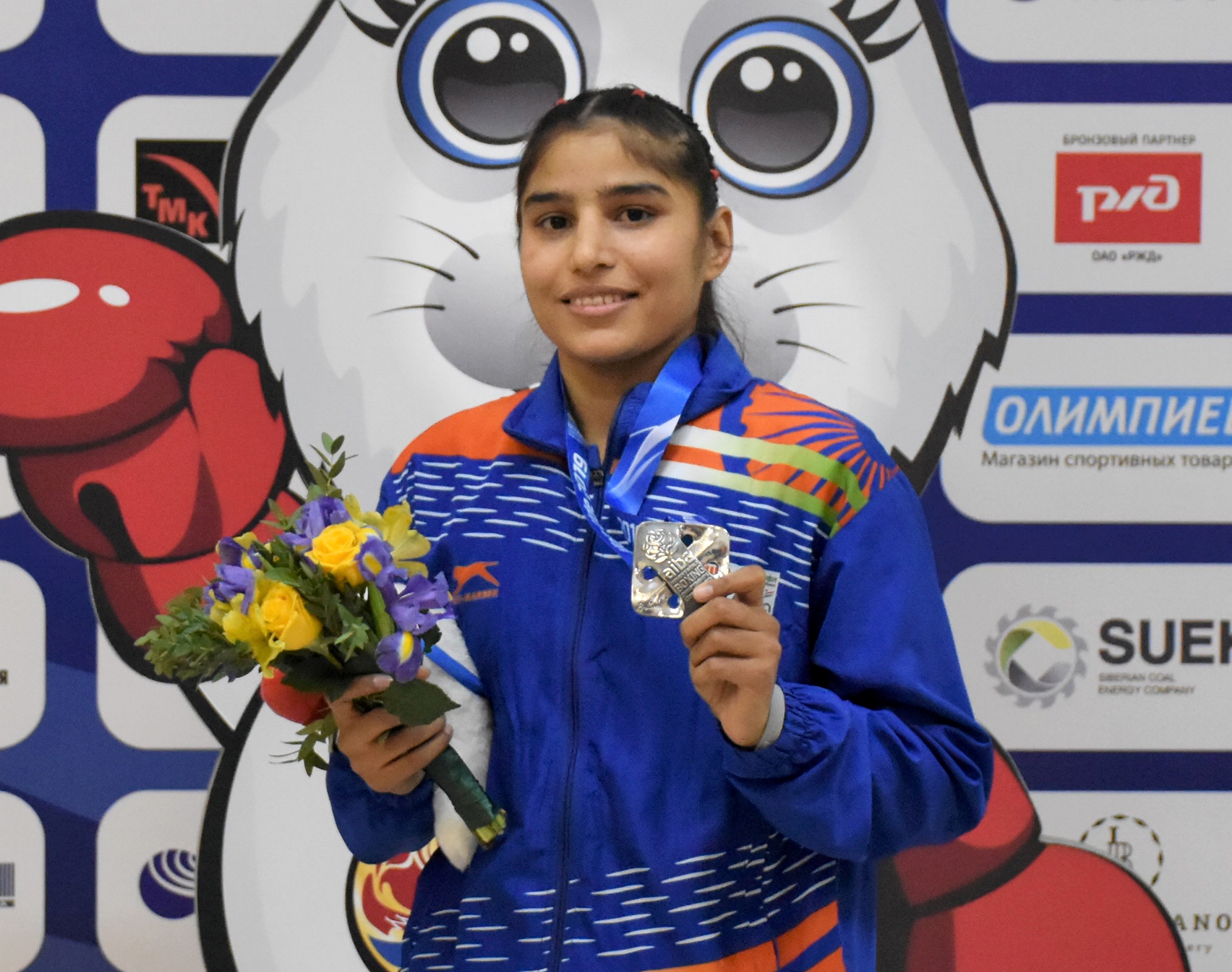 Manju Rani (48 kg) poses with her silver medal at the 2019 edition of the AIBA World Boxing Championships, in Ulan-Ude, Russia, October 13, 2019
