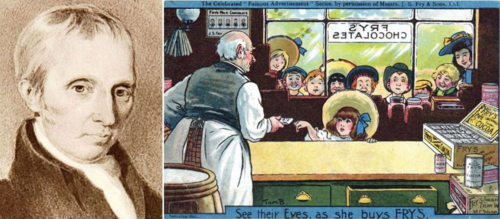 J.S. Fry, the creator of the chocolate bar and an early advertisement postcard for Fry’s chocolates