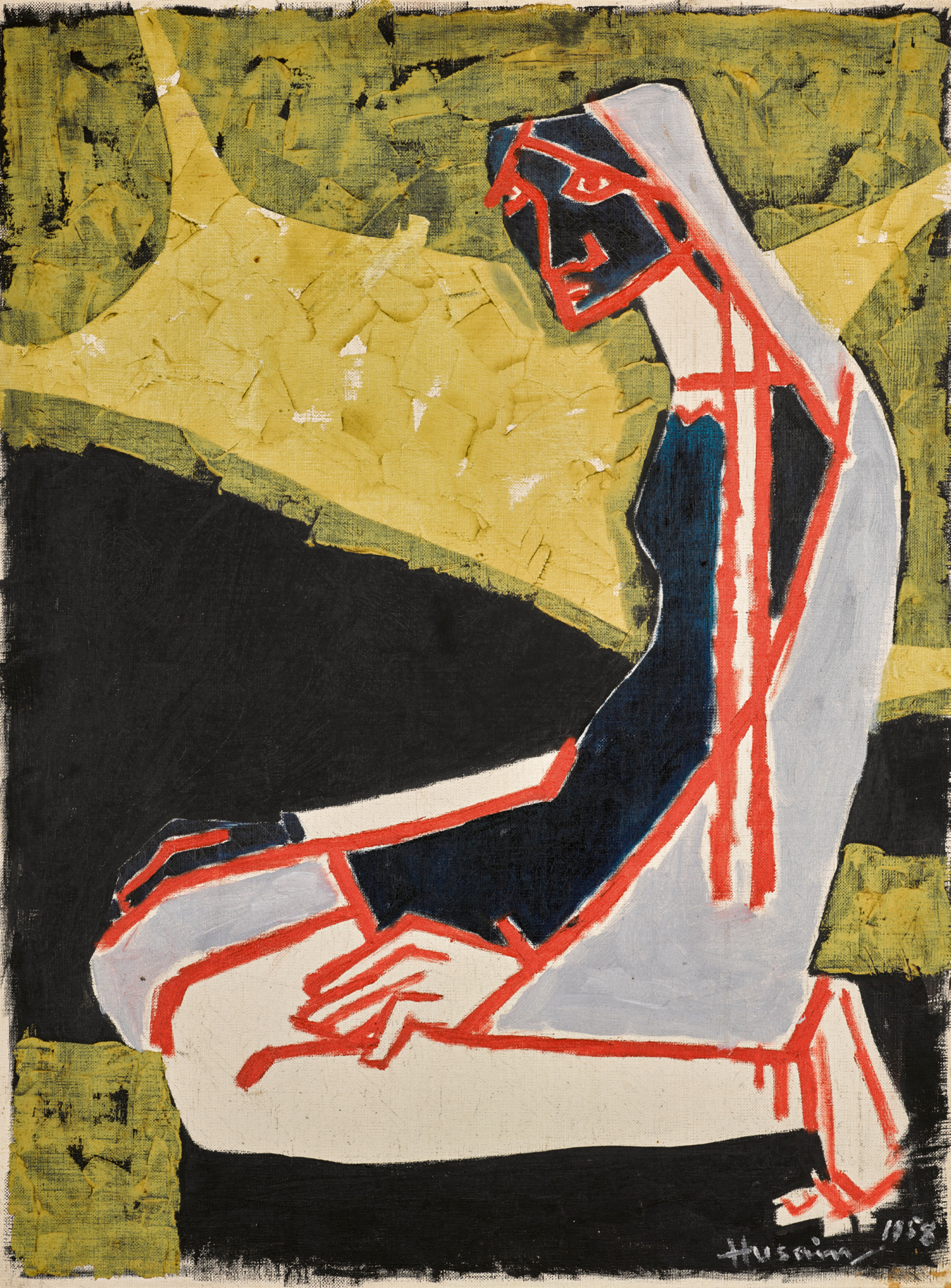 Untitled (Praying Woman) has resided in the same collection for over 60 years, having been acquired directly from M F Husain by the current owner in 1958 immediately after its completion. The owner, who was a diplomat posted in India, had become close friends with the artist. M.F. Husain’s earliest works appear two-dimensional with simple flat planes of colour inspired by the likes of Picasso and Matisse. Maqbool Fida Husain, Untitled (Praying Woman); Oil on canvas, 1958, 61 x 45.7 cm; 100,000 - 150,000 GBP
