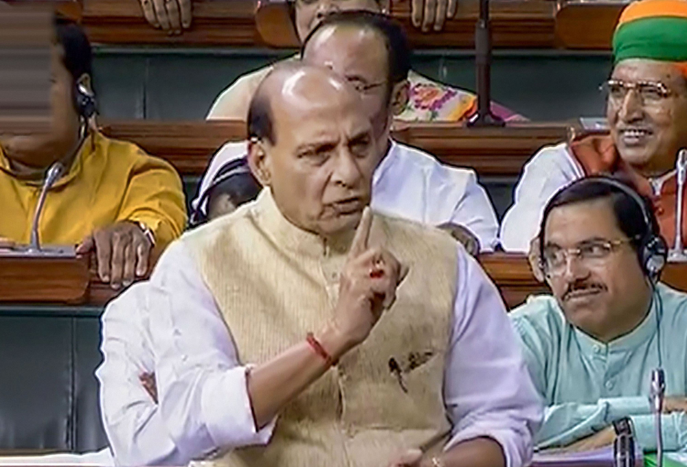 Defence Minister Rajnath Singh speaks in the Lok Sabha in New Delhi on July 8, 2019.