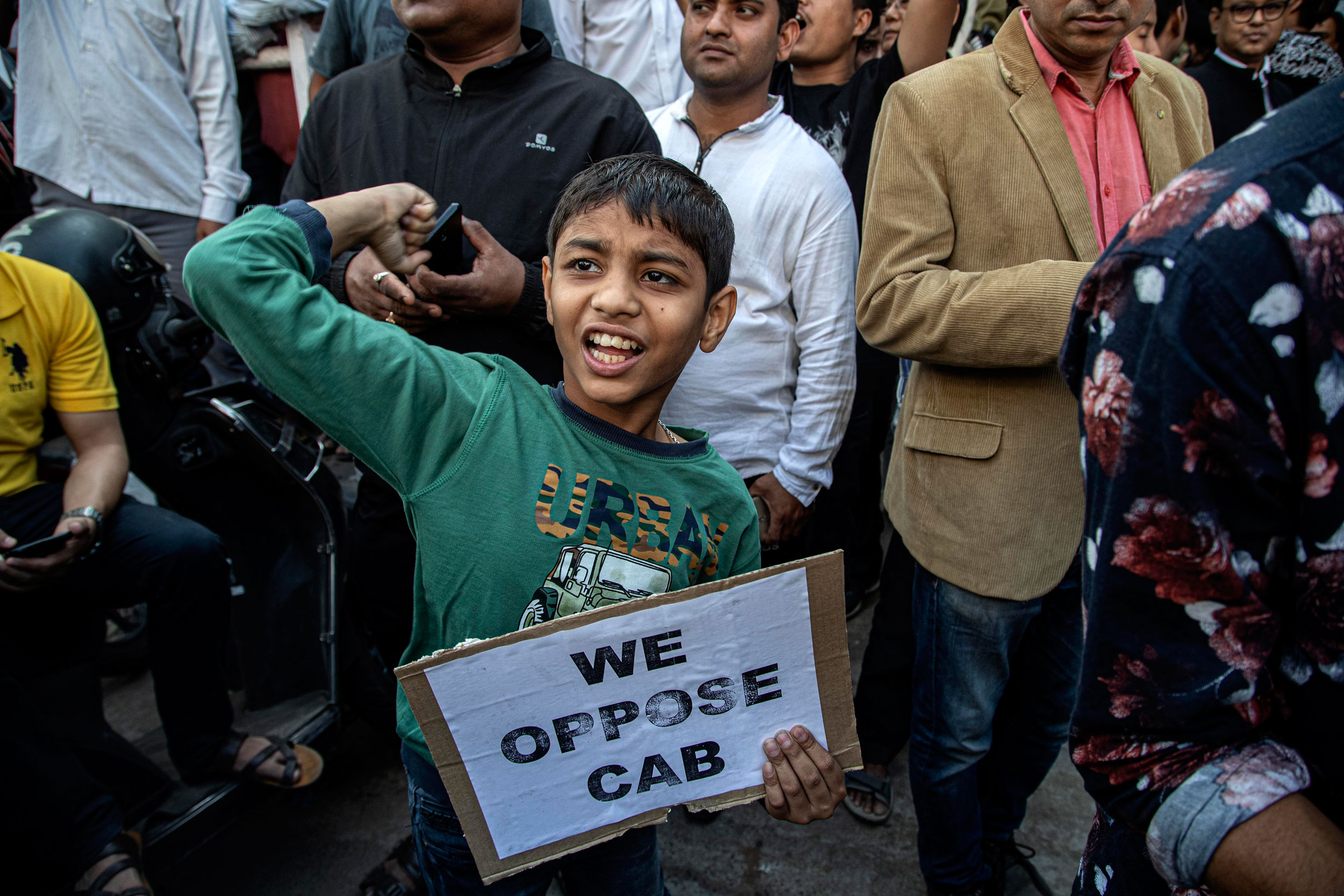 A boy shouts slogans during a rally against the Citizenship Amendment Bill in Guwahati on Tuesday.