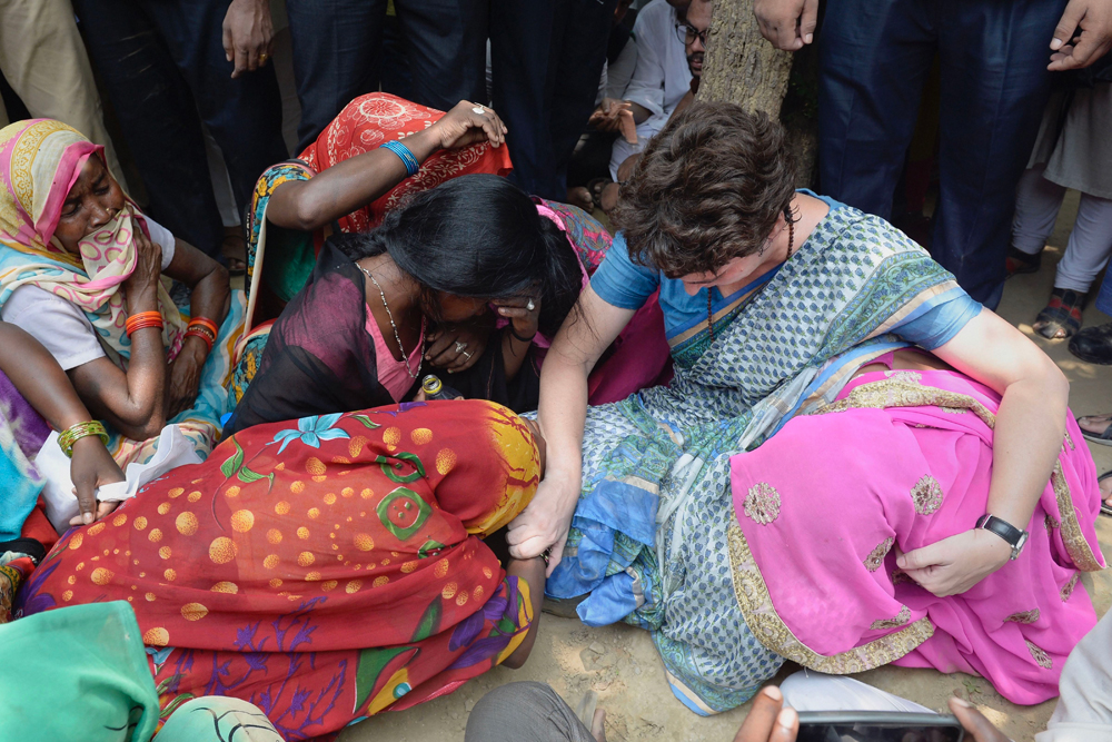 Priyanka Gandhi Vadra consoles family members of Sonbhadra massacre victims in Mirzapur on Saturday