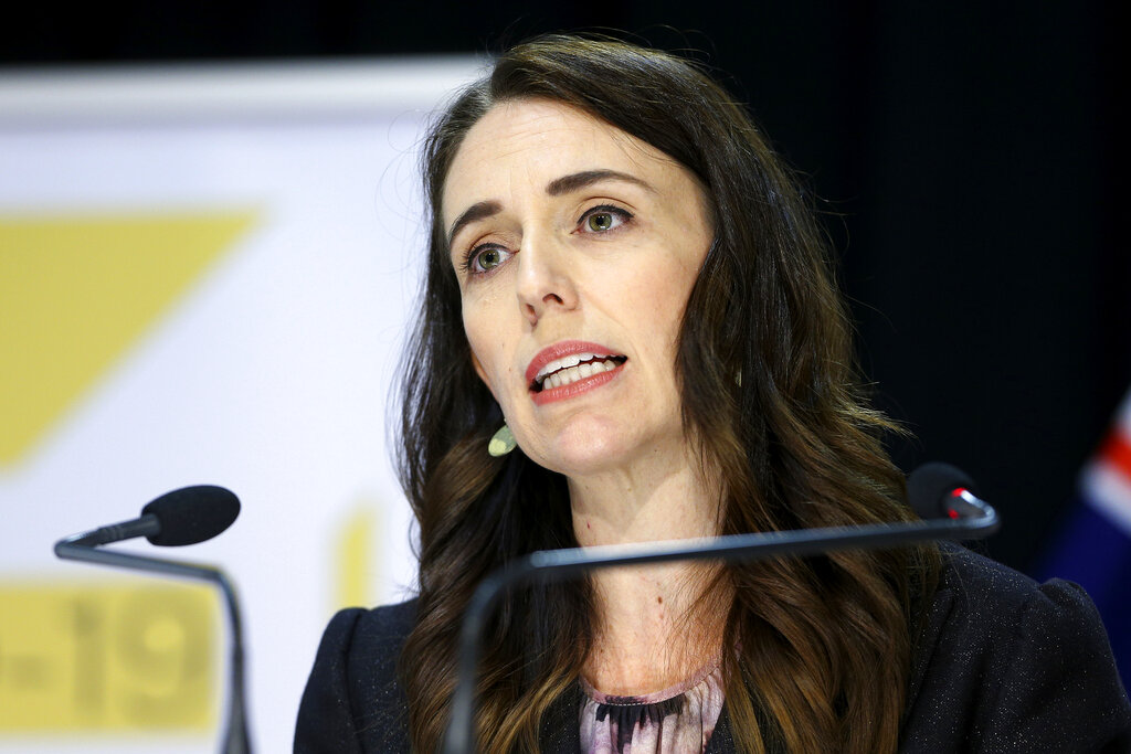New Zealand Prime Minister Jacinda Ardern addresses a press conference after the 2020 budget at Parliament in Wellington, New Zealand, Thursday, May 14, 2020. 