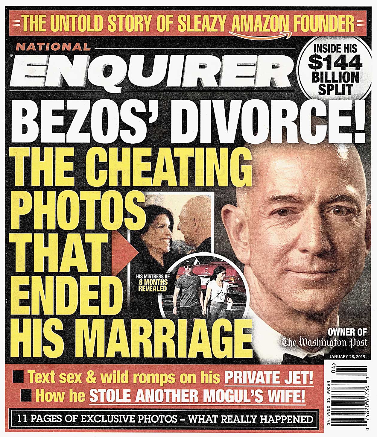 The front page of the January 28, 2019, edition of The National Enquirer featuring a story on Bezos’ divorce.