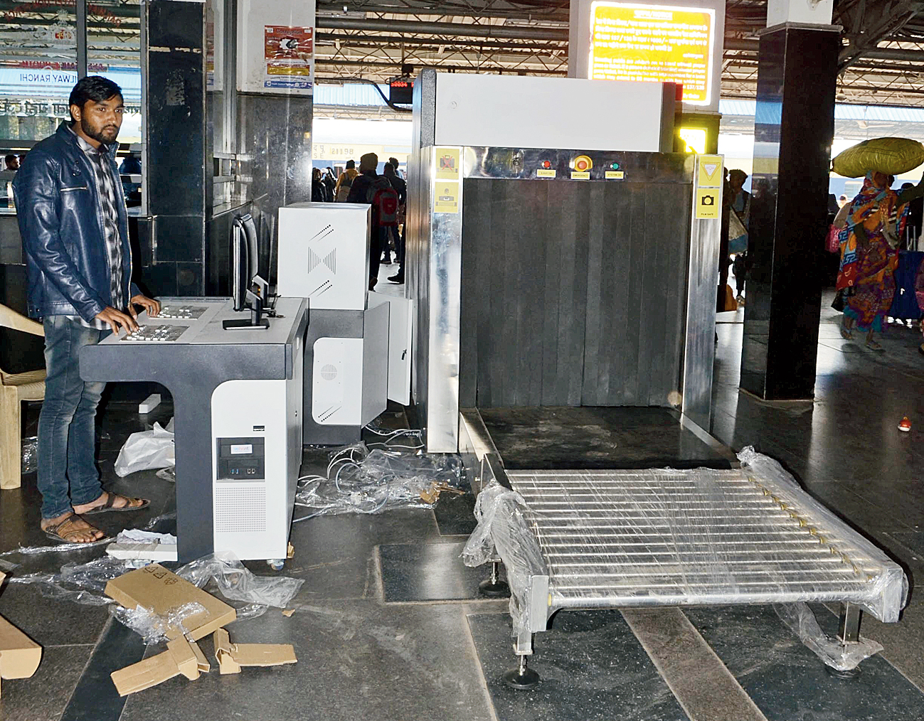 The scanning machine being installed at Ranchi station on Friday. 

